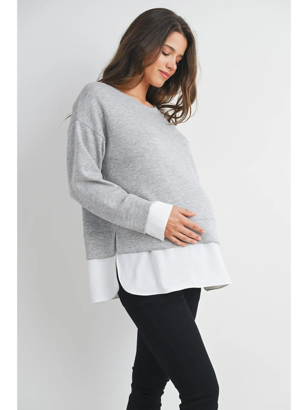 Haut de maternité à manches longues deux-en-un gris et blanc Hello Miz Mlle et Coco