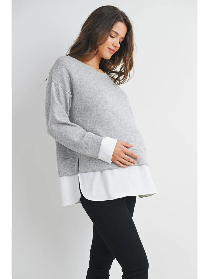 Haut de maternité à manches longues deux-en-un gris et blanc Hello Miz Mlle et Coco