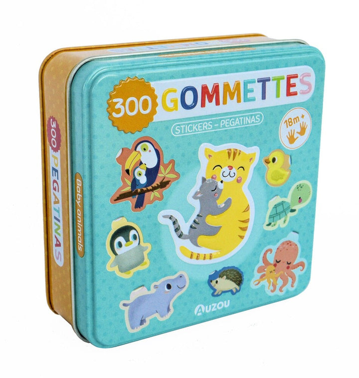 Boîte en métal contenant 300 gommettes thématique Bébé Animaux de Auzou