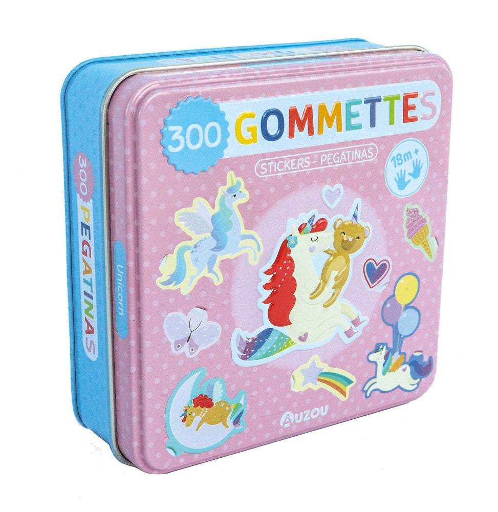 Boîte en métal contenant 300 gommettes sous le thème des licornes. Auzou