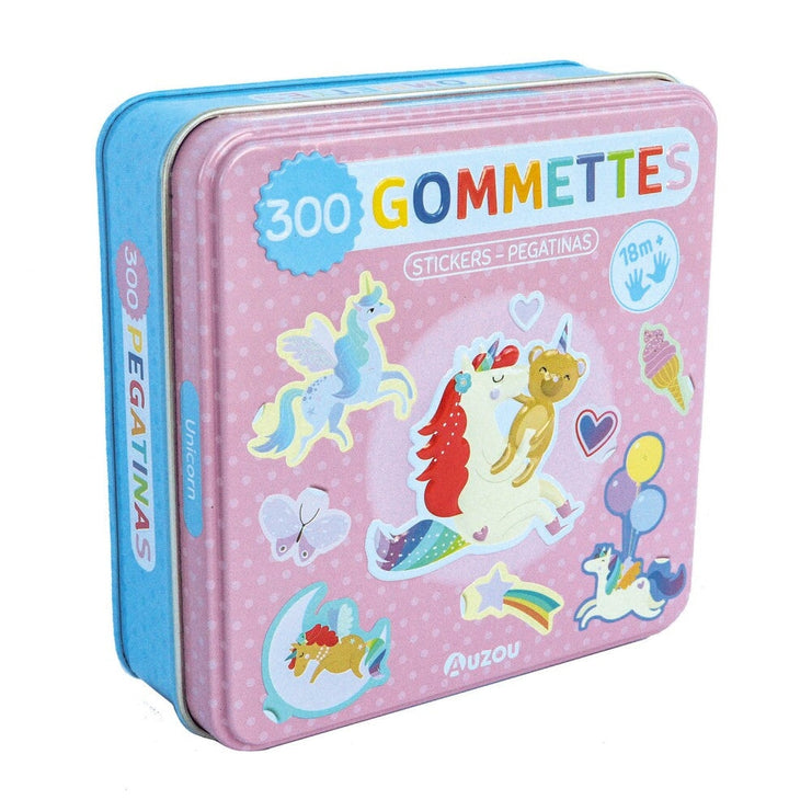 Boîte en métal contenant 300 gommettes sous le thème des licornes. Auzou