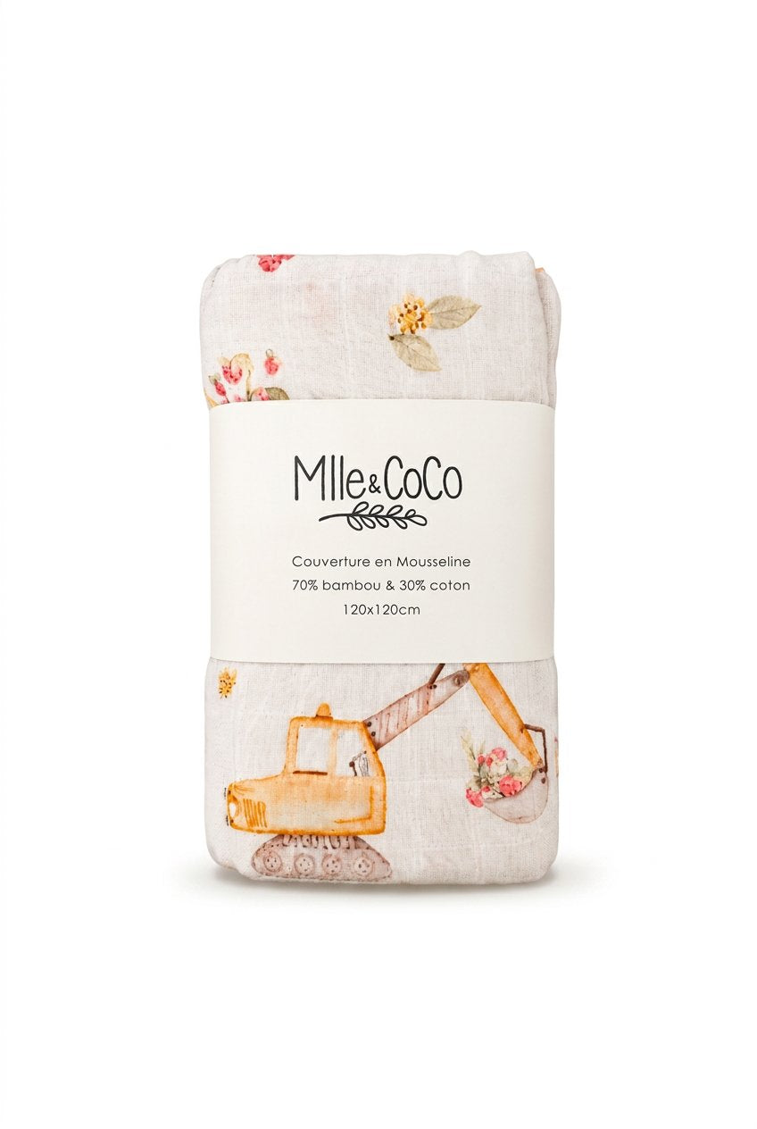Couverture en mousseline Camion construction fraise Mlle et Coco