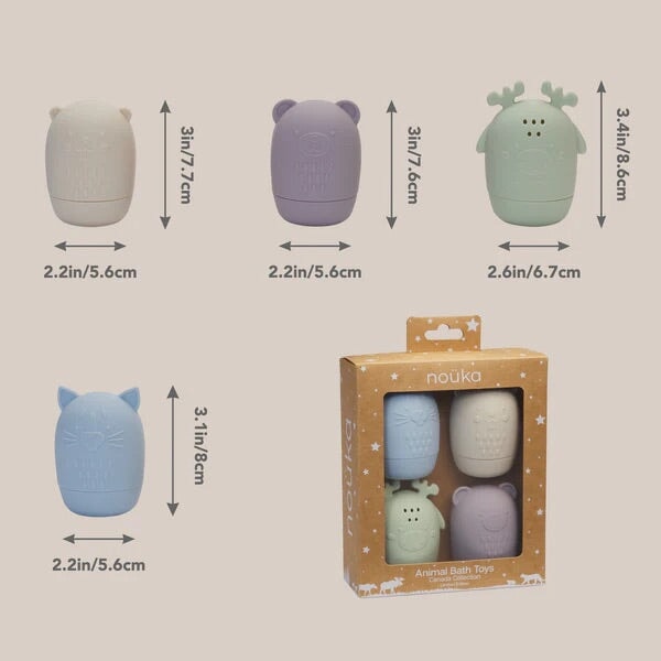 Jeux silicone pour le bain Noüka, animaux de la forêt pastel