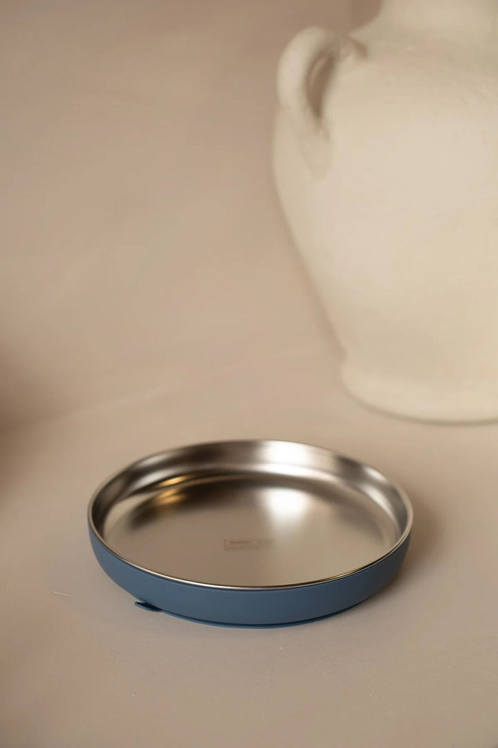 Assiette pour enfant acier inoxydable et silicone alimentaire (base amovible) bleu majestueux Micasso Mlle et Coco