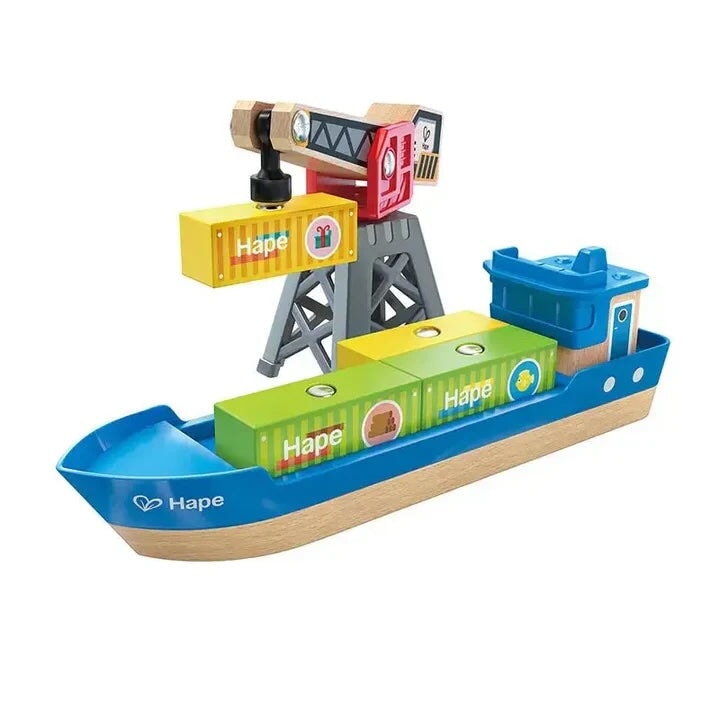 Bateau cargos et grue en bois Hape Mlle et Coco