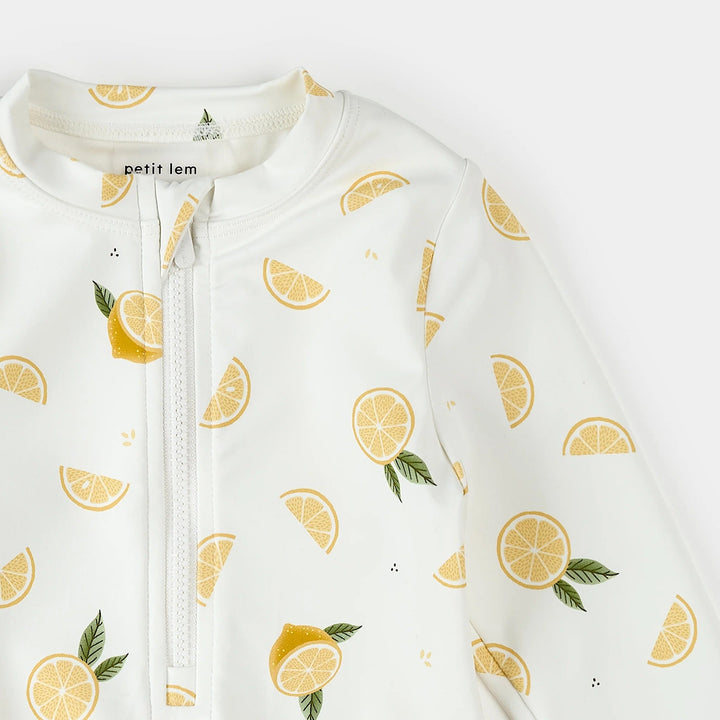 Maillot de bain manches longues une pièce blanc imprimé citrons Petit Lem Mlle et Coco