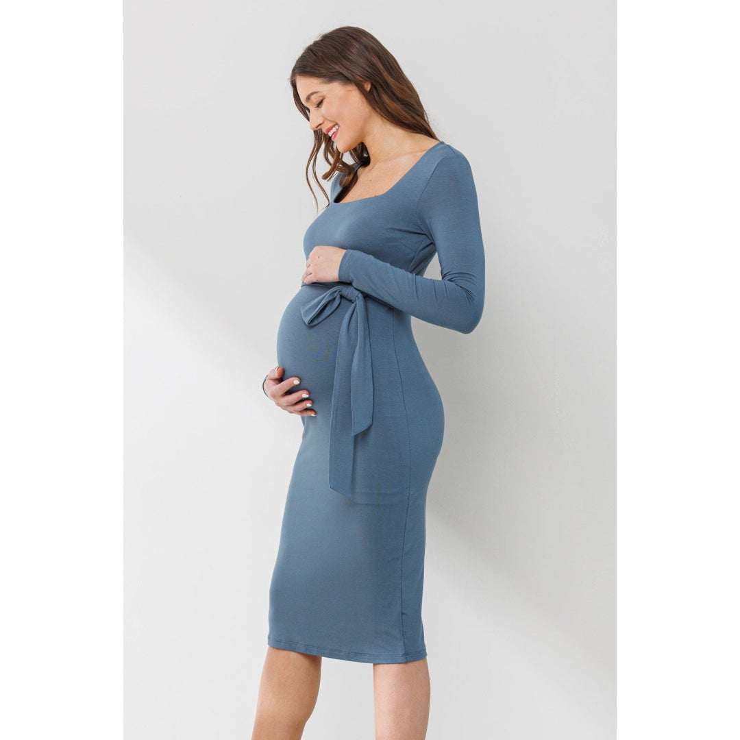 robe maternité manches longues ceinture bleu sarcelle Hello Miz