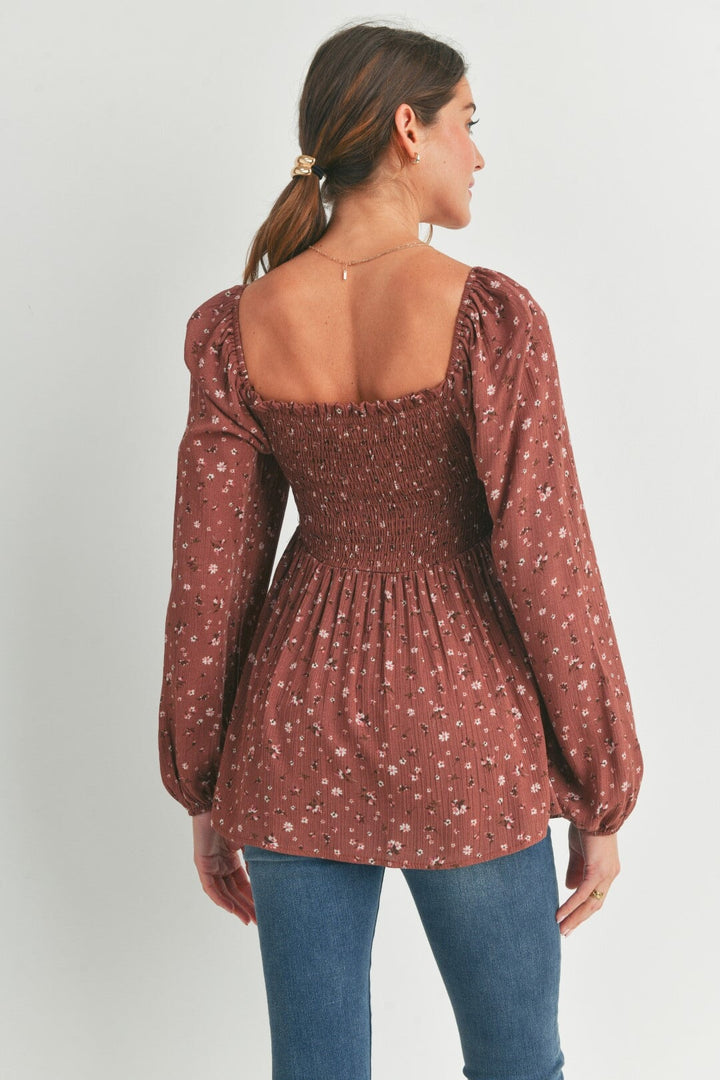 blouse manches longues smocké floral marron maternité hello miz