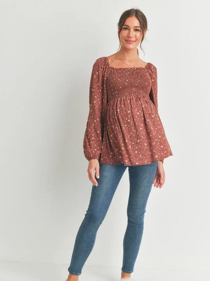blouse manches longues smocké floral marron maternité hello miz