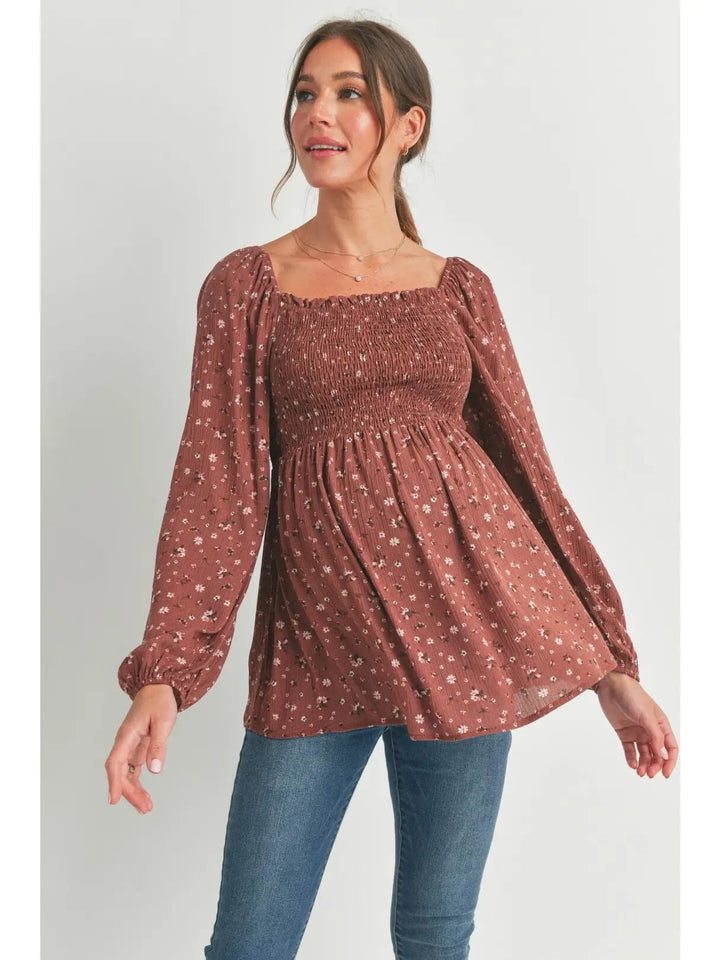 blouse manches longues smocké floral marron maternité hello miz