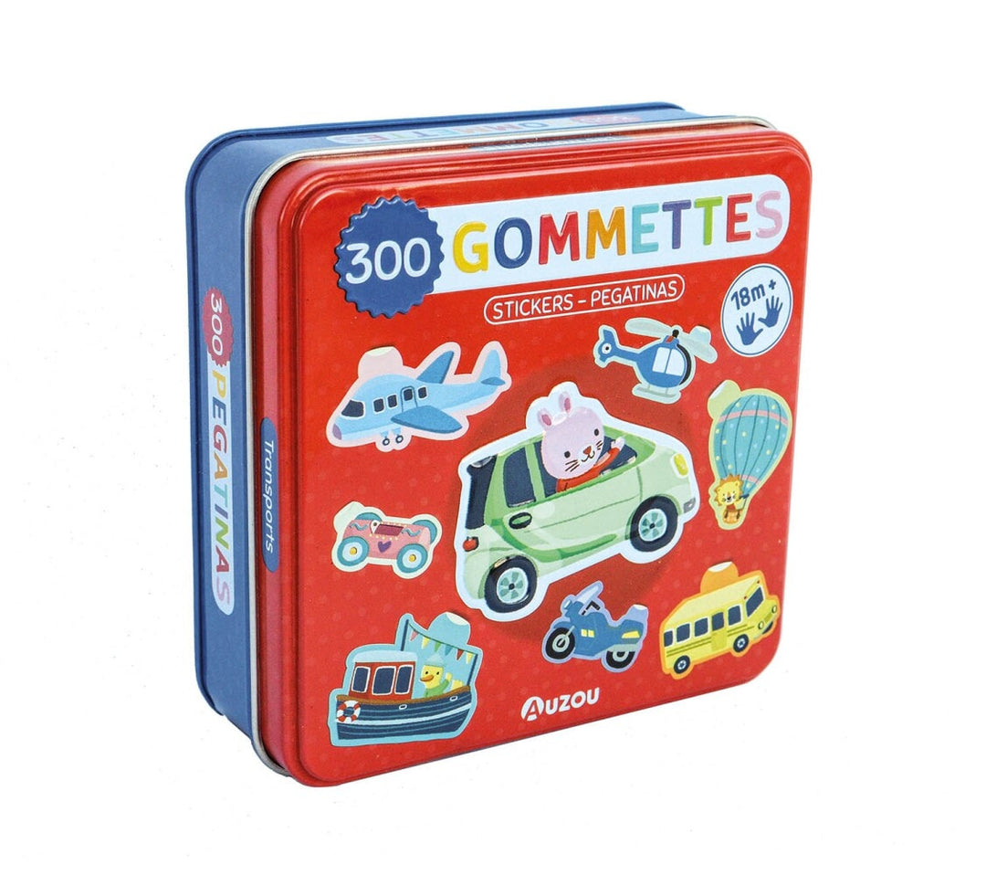 Boîte en métal remplie de gommettes sous le thème des transports de Auzou