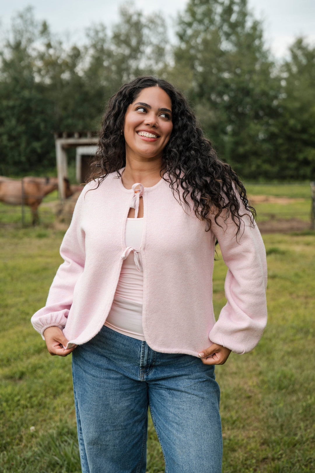 Cardigan à boucles et manches bouffantes Rose pétale Rose Maternité