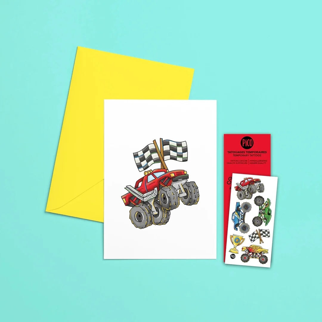 carte de souhait anniversaire camion monstre Pico Tatouage Mlle et Coco