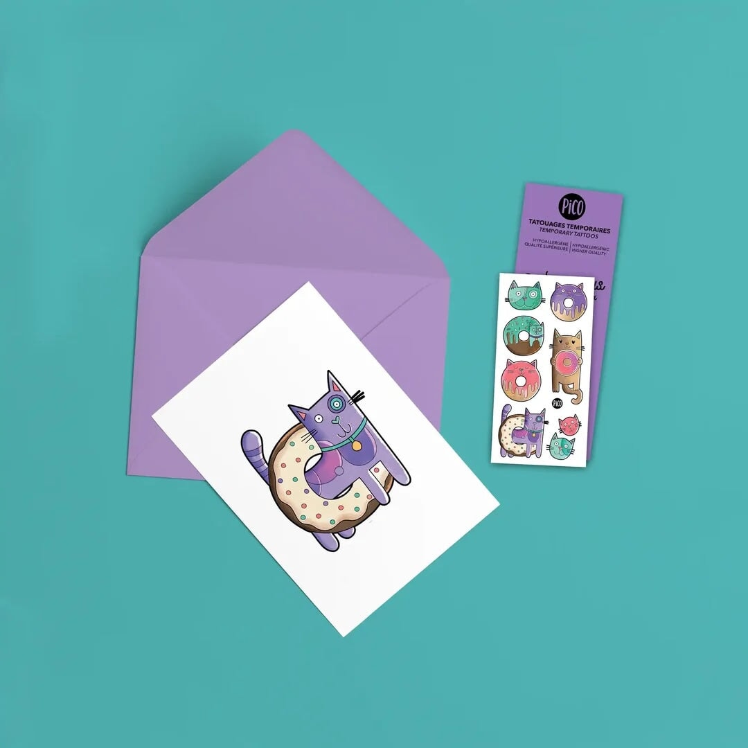 Carte de Souhaits Les chats-beignes Pico tatouage Mlle et Coco