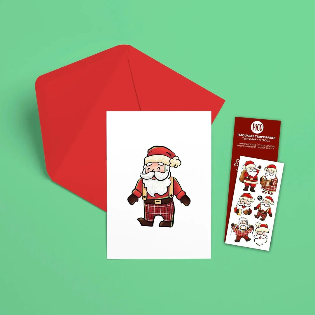 Carte de souhait Père Noël en pyjama Pico Tatouage Mlle et Coco
