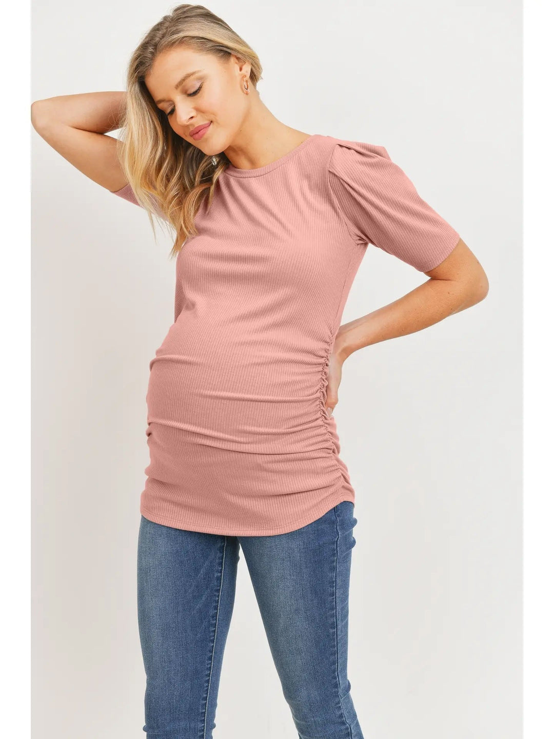 Chandail maternité manches courtes bouffantes froncées rose Hello Miz Mlle et Coco