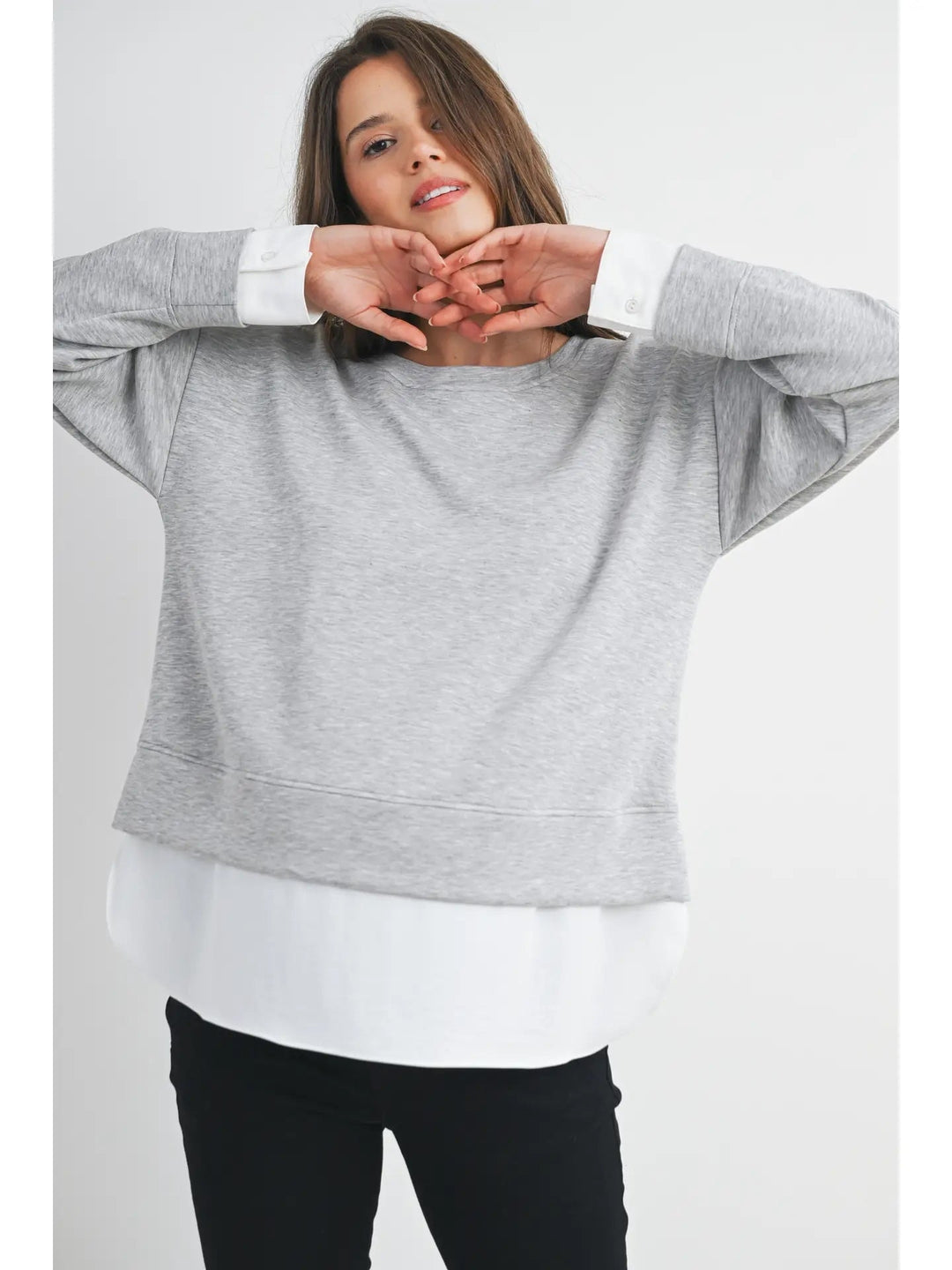 Haut de maternité à manches longues deux-en-un gris et blanc Hello Miz Mlle et Coco