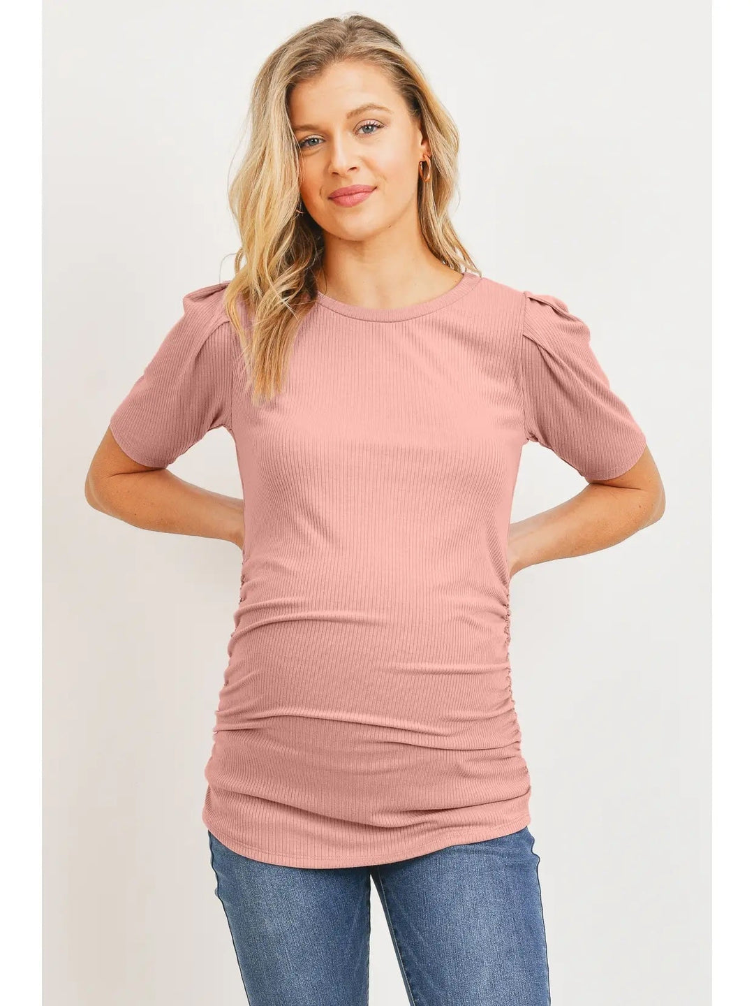 Chandail maternité manches courtes bouffantes froncées rose Hello Miz Mlle et Coco