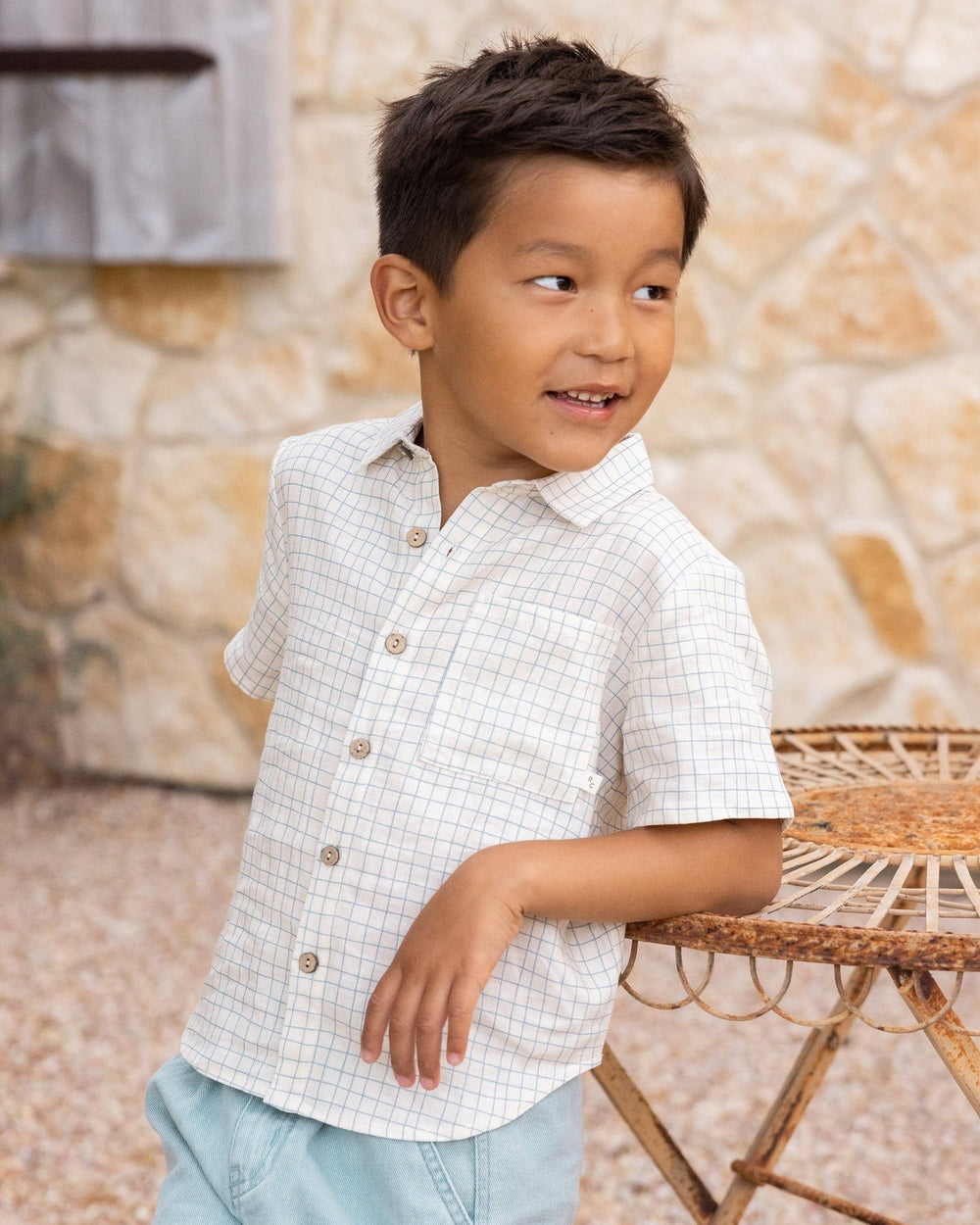 Chemise manches courtes ivoire carreaux bleu Rylee + Cru Mlle et Coco