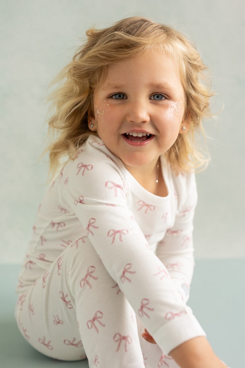 Pyjama coton modal deux pièces long blanc et boucle rose Coccoli Mlle et Coco