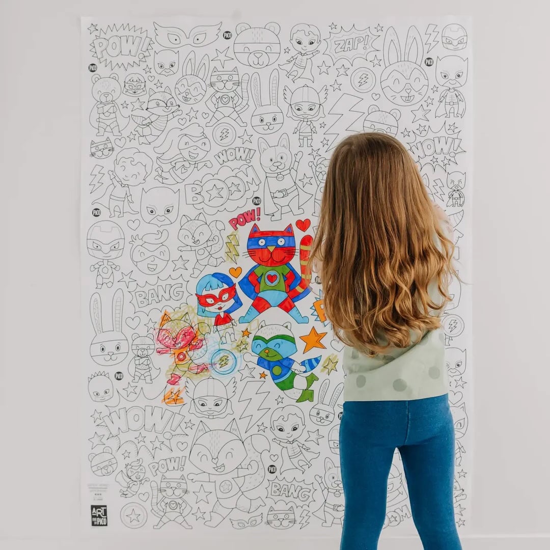 Coloriage géant super-héros Pico tatouage Mlle et Coco