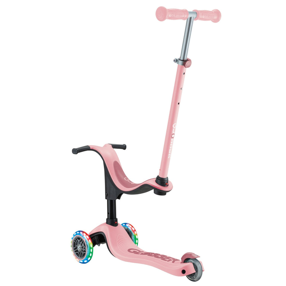 Trottinette évolutive 3-en-1 avec lumières rose pastel Globber Mlle et Coco