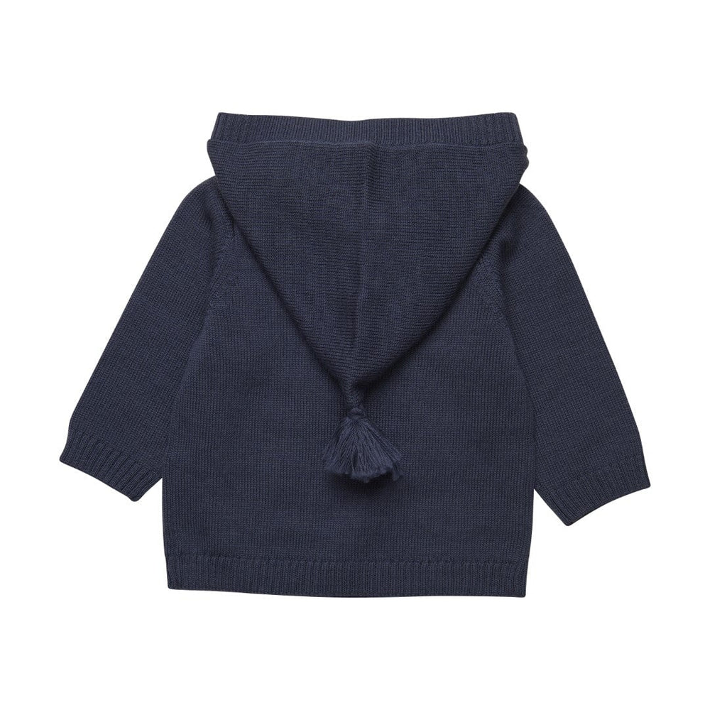veste tricot capuchon fermoir bouton pompon marine Fixoni