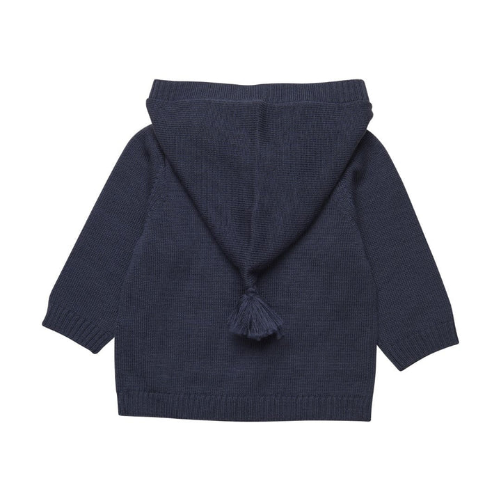 veste tricot capuchon fermoir bouton pompon marine Fixoni