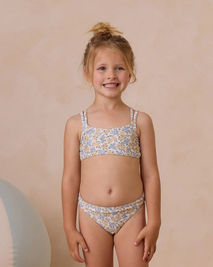 maillot de bain 3 pièces floraison fleur bleu jaune