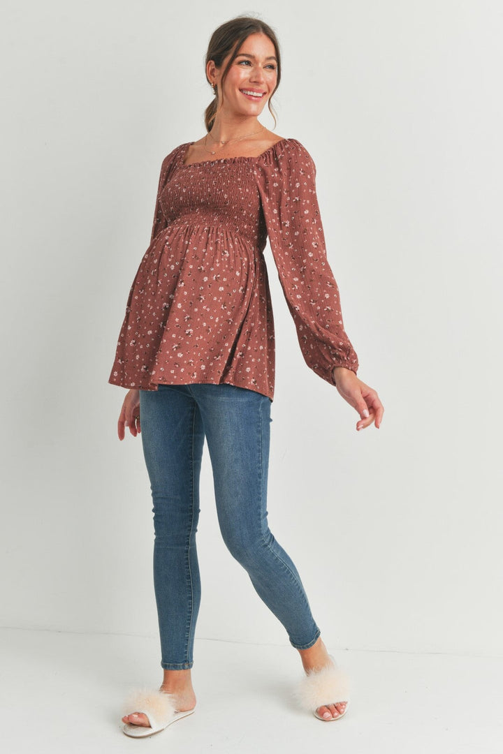 blouse manches longues smocké floral marron maternité hello miz