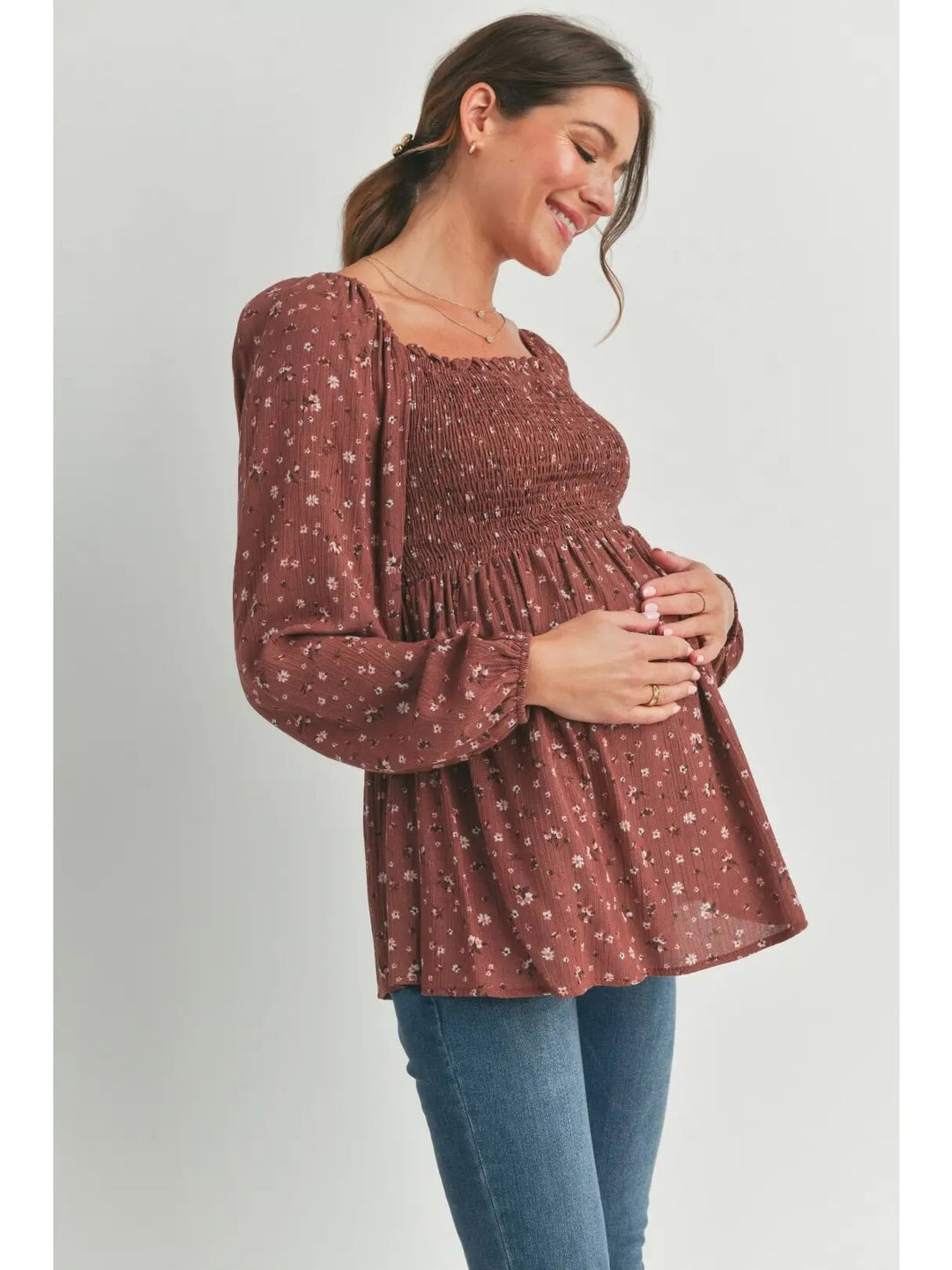 blouse manches longues smocké floral marron maternité hello miz