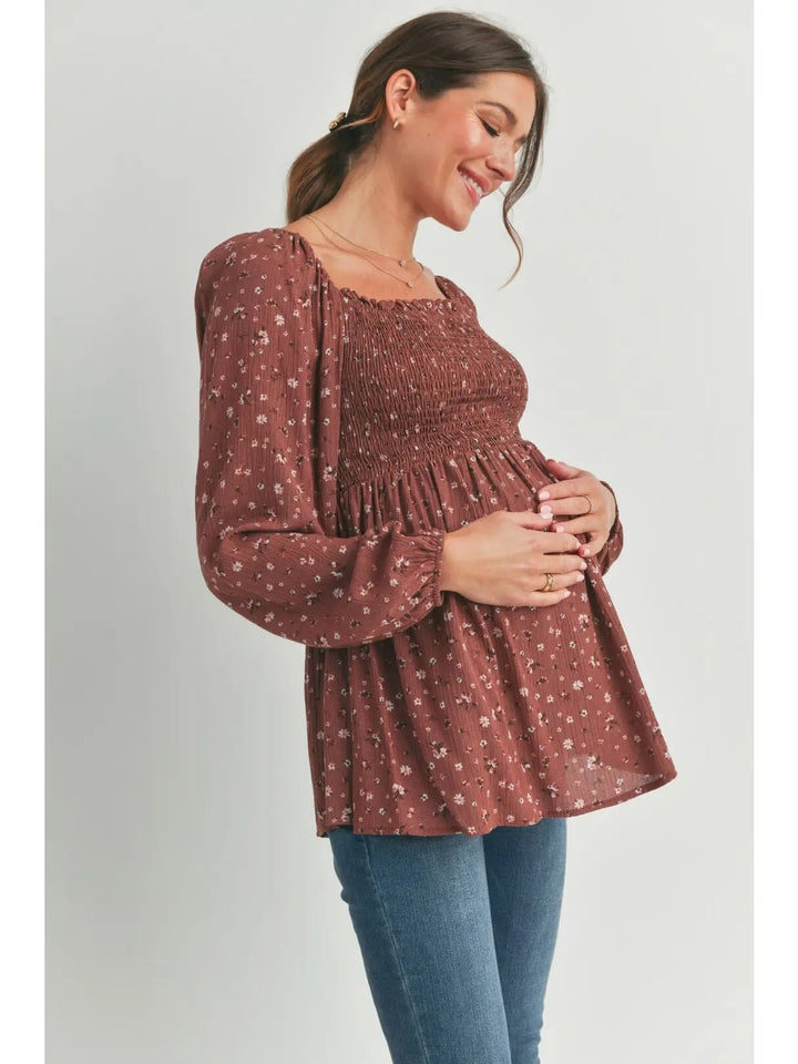 blouse manches longues smocké floral marron maternité hello miz