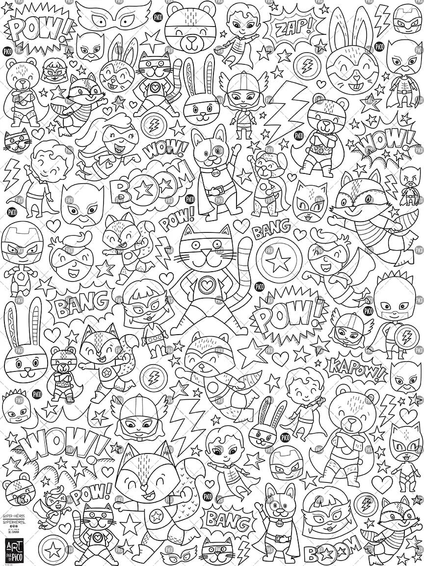 Coloriage géant super-héros Pico tatouage Mlle et Coco