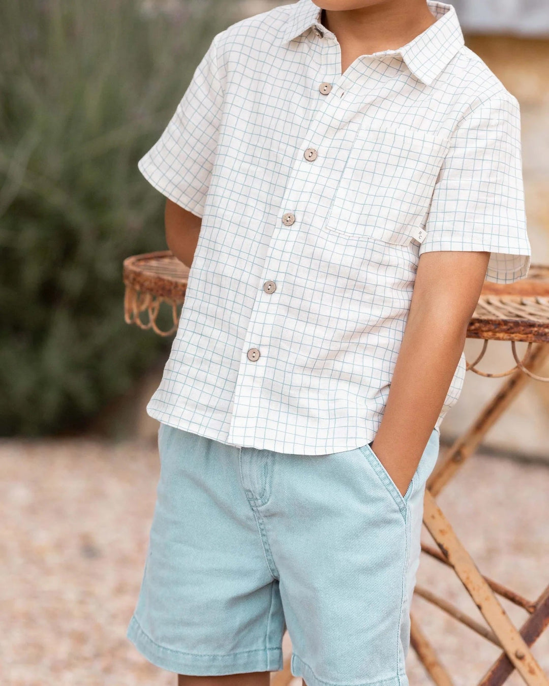 Chemise manches courtes ivoire carreaux bleu Rylee + Cru Mlle et Coco