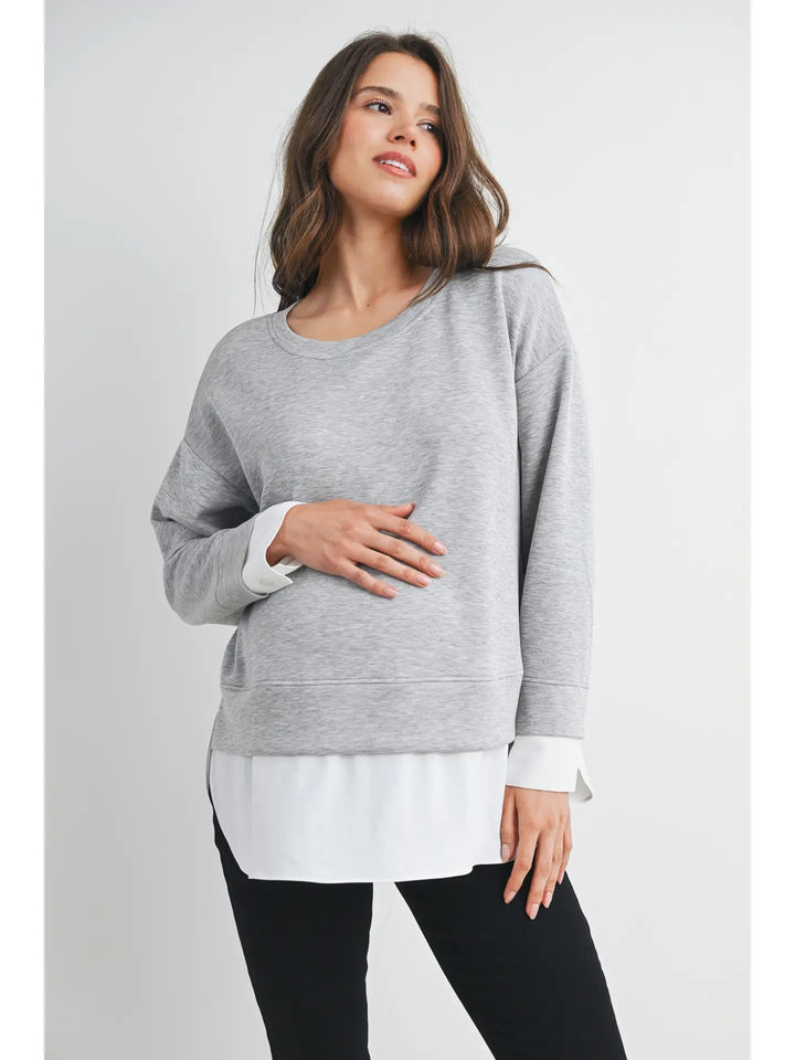 Haut de maternité à manches longues deux-en-un gris et blanc Hello Miz Mlle et Coco