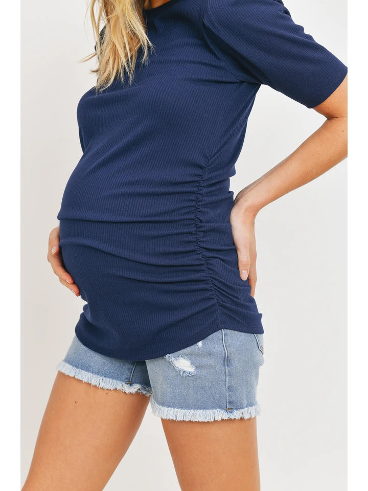 Haut maternité manches courtes bouffantes froncées marine Hello Miz Mlle et Coco 