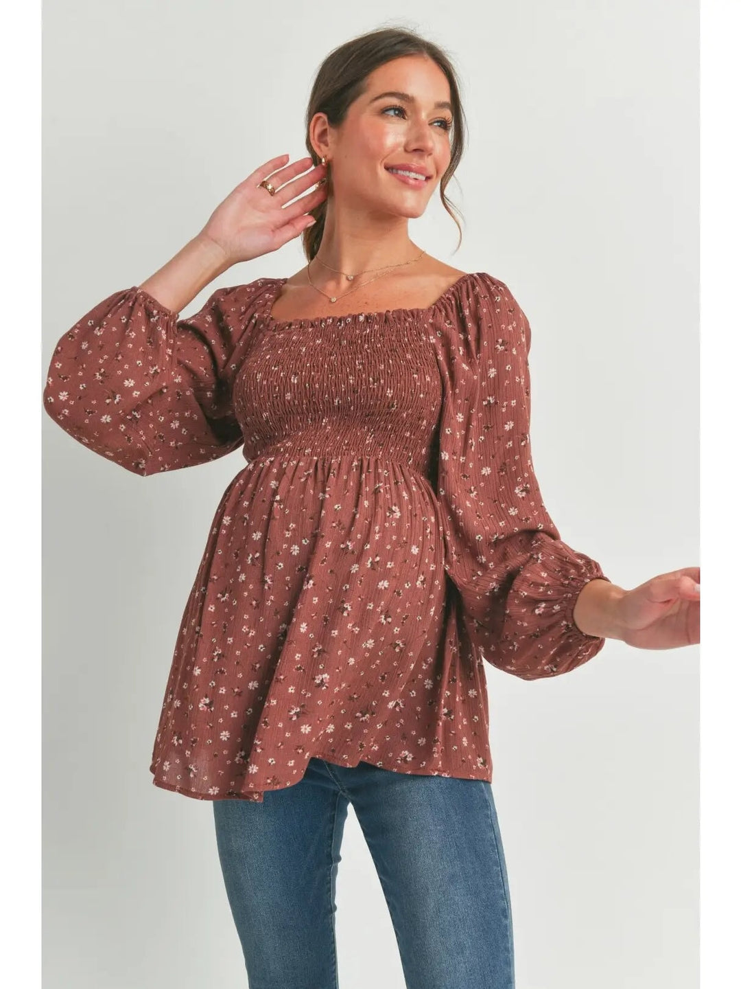 blouse manches longues smocké floral marron maternité hello miz