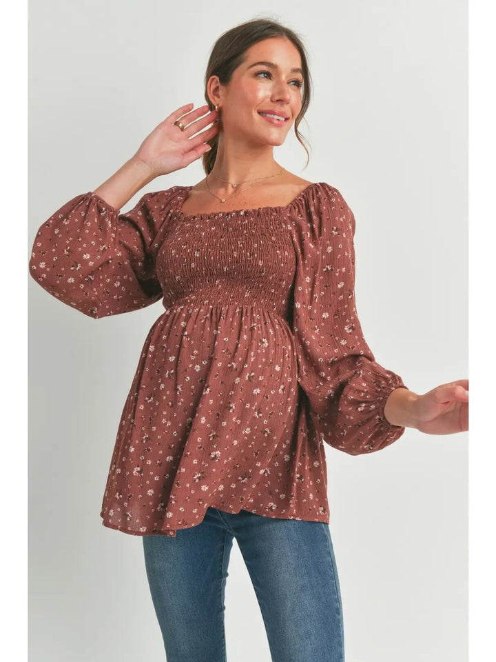 blouse manches longues smocké floral marron maternité hello miz