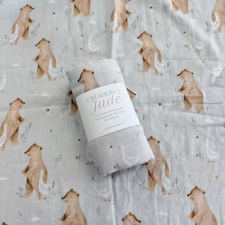 couverture mousseline ours oies Création Jade Mlle et Coco