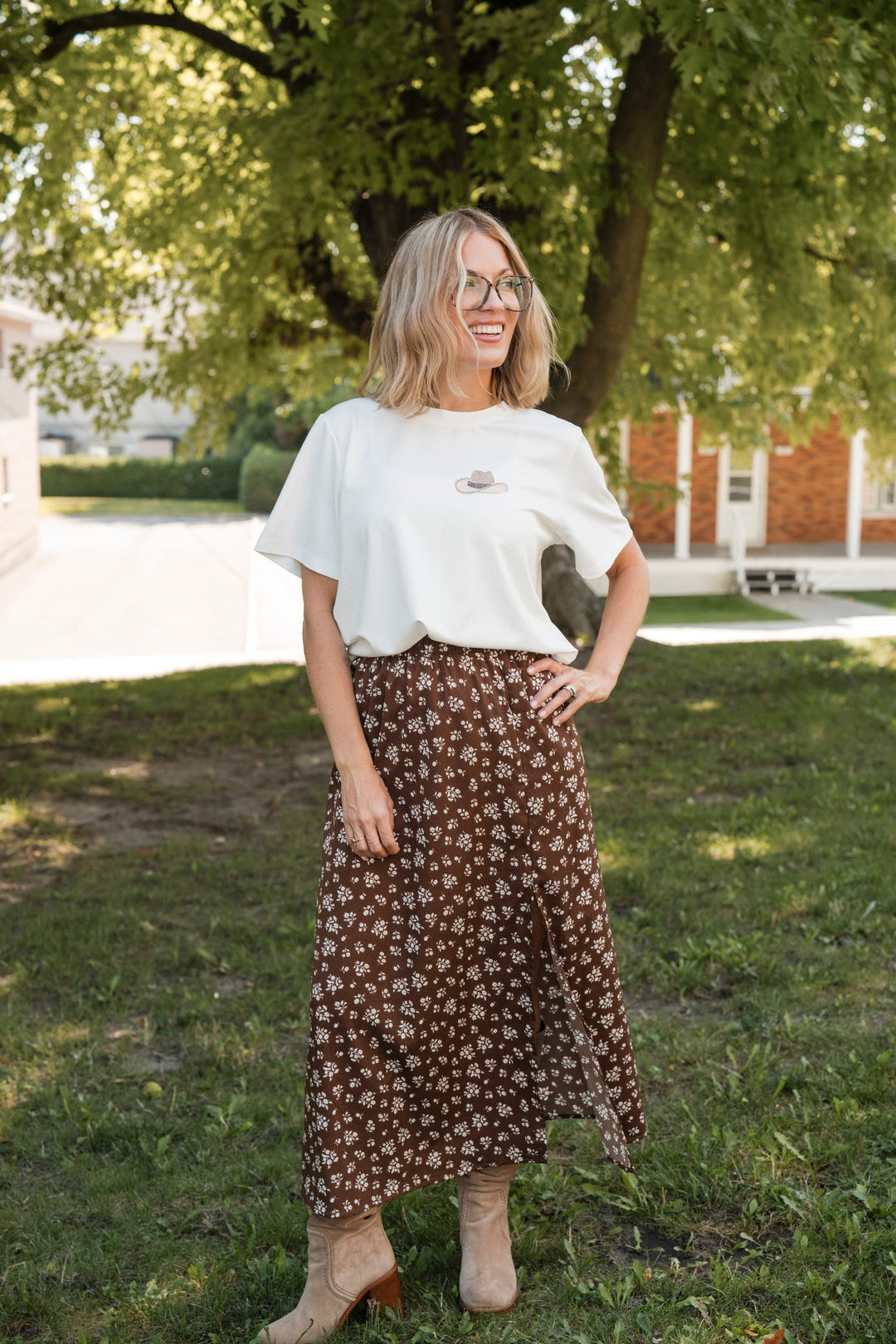 Jupe midi fleuri Combo brun et blanc Rose Maternité 