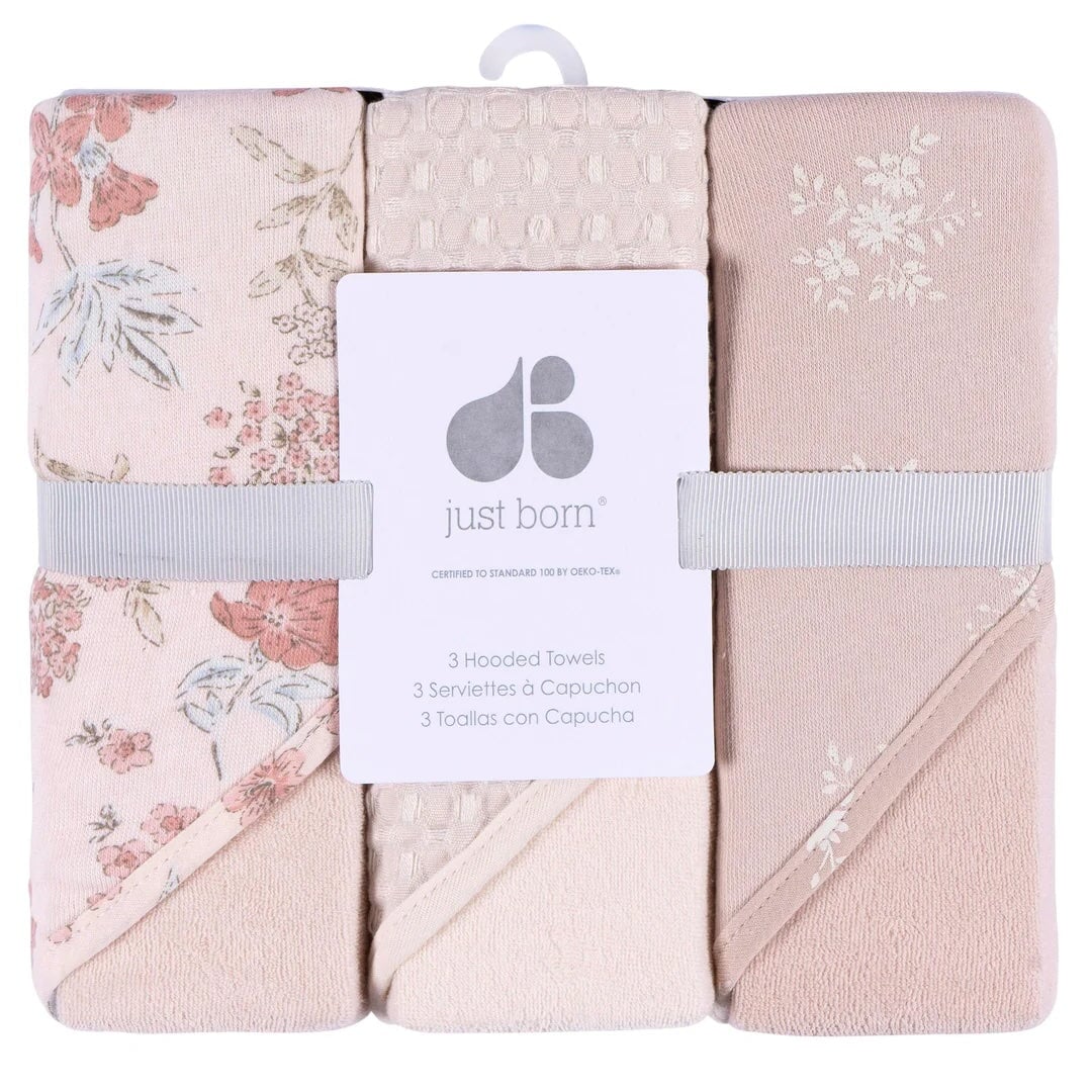 trio serviette capuchon rose floral Just born Mlle et Coco
