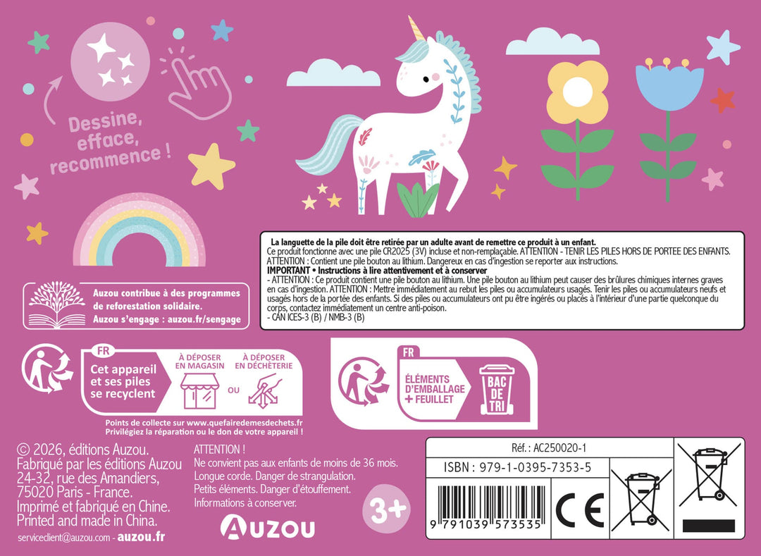 Mon ardoise magique Lili la licorne Auzou Éditions Mlle et Coco