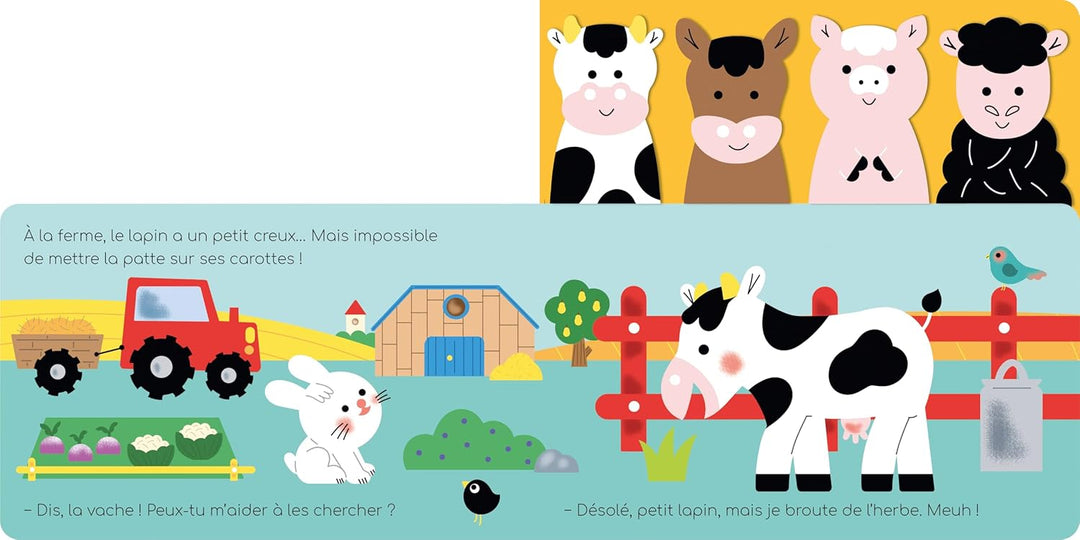 Livre et marionnettes Surprise, petit lapin! Gründ Québec Mlle et Coco