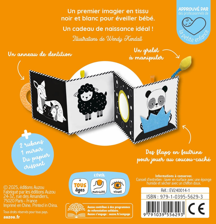 Livre en tissu noir et blanc de Auzou éveil, tout petits