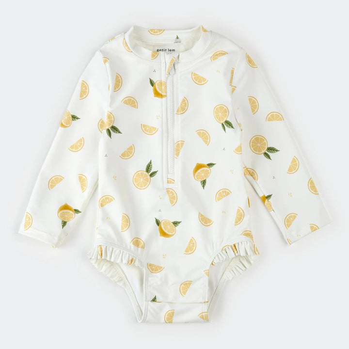 Maillot de bain manches longues une pièce blanc imprimé citrons Petit Lem Mlle et Coco