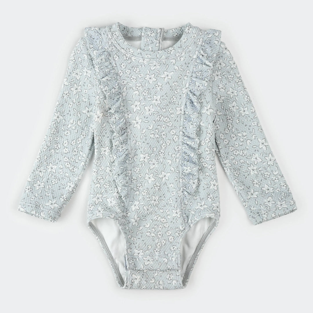 Maillot manches longues une pièce bleu poudre motif fleurs Petit Lem Mlle et Coco