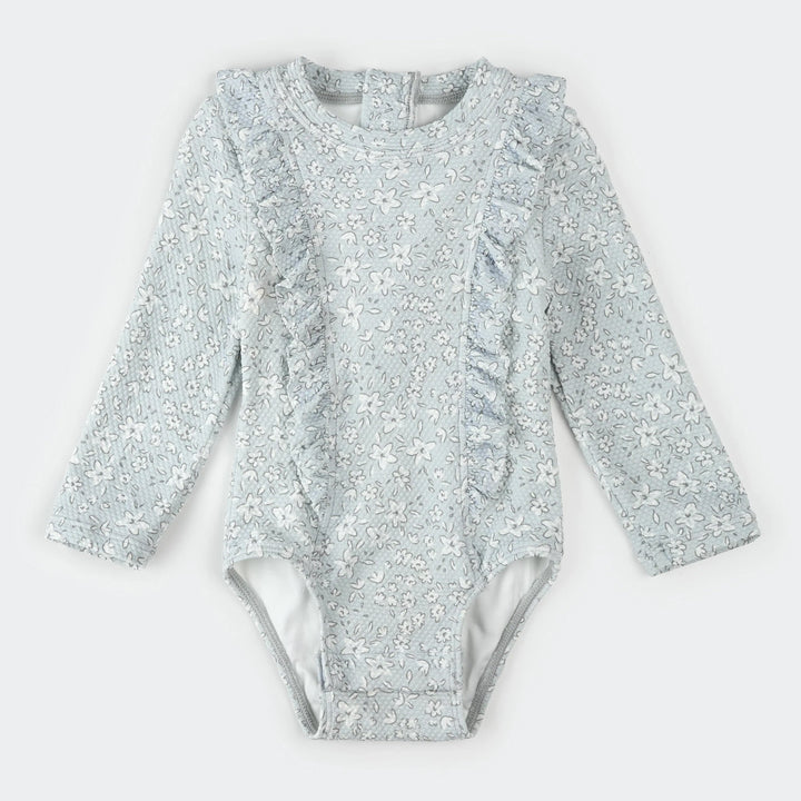 Maillot manches longues une pièce bleu poudre motif fleurs Petit Lem Mlle et Coco