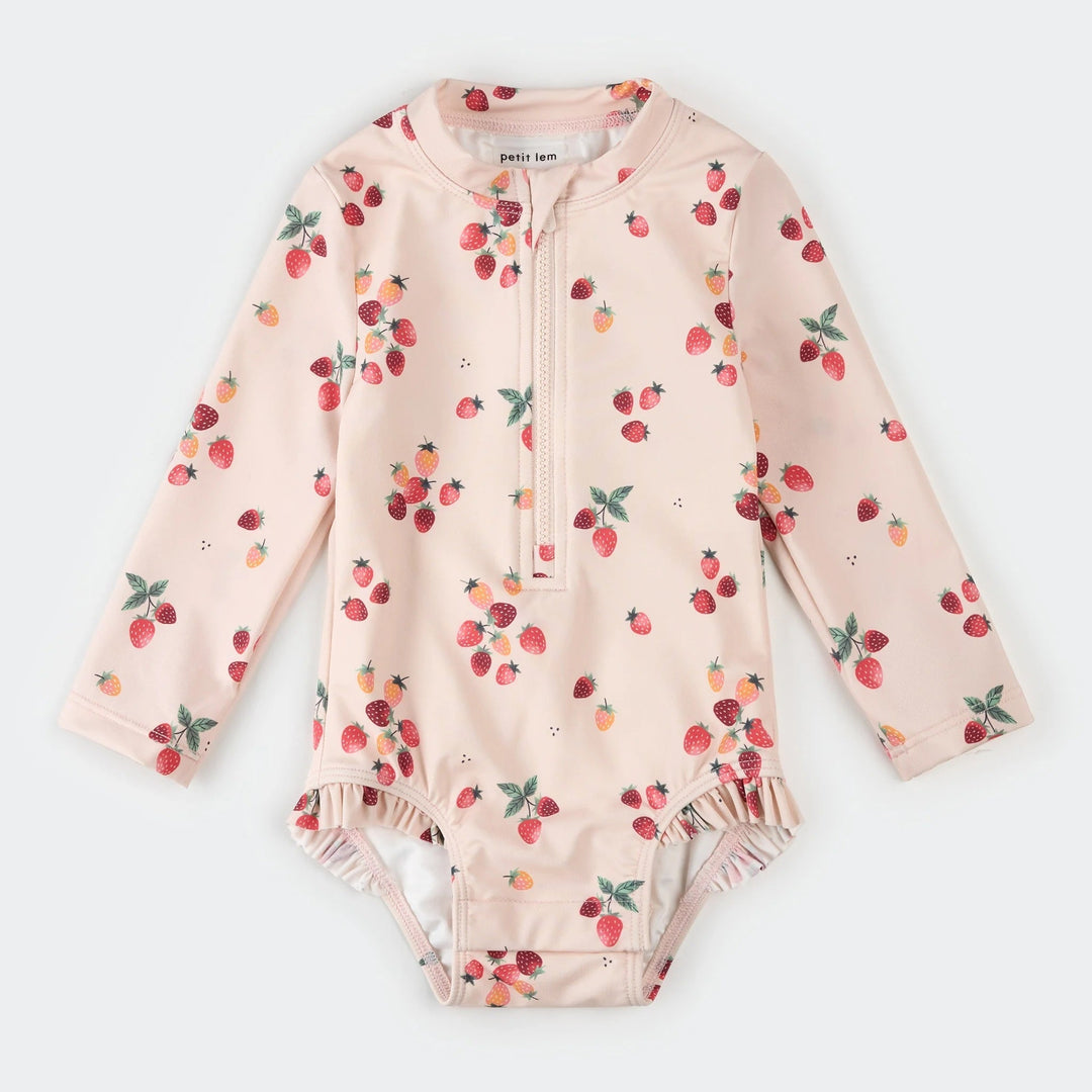 Maillot manches longues une pièce rose imprimé fraises Petit Lem Mlle et Coco