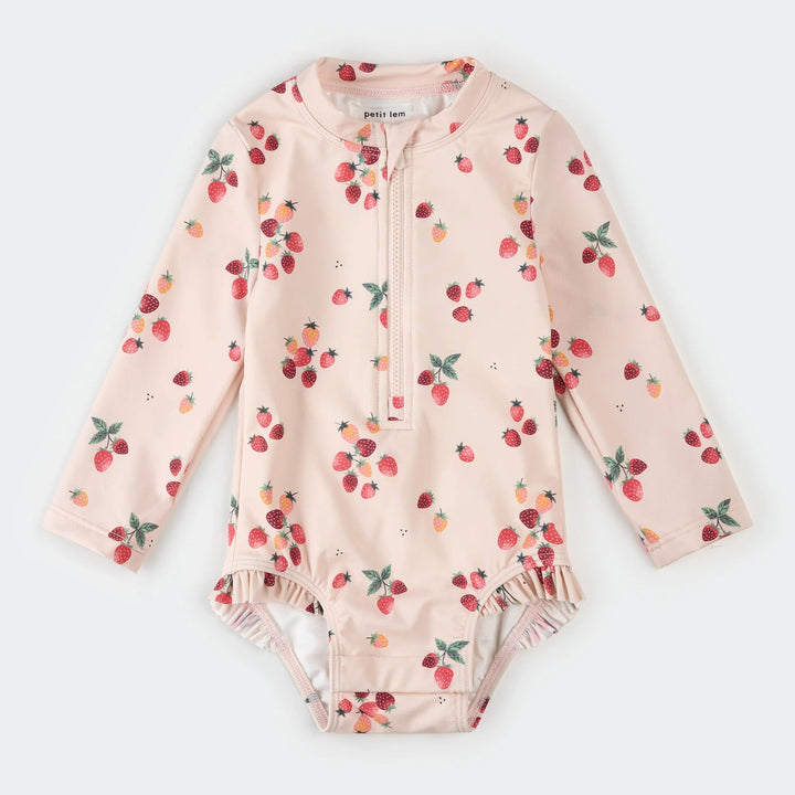Maillot manches longues une pièce rose imprimé fraises Petit Lem Mlle et Coco
