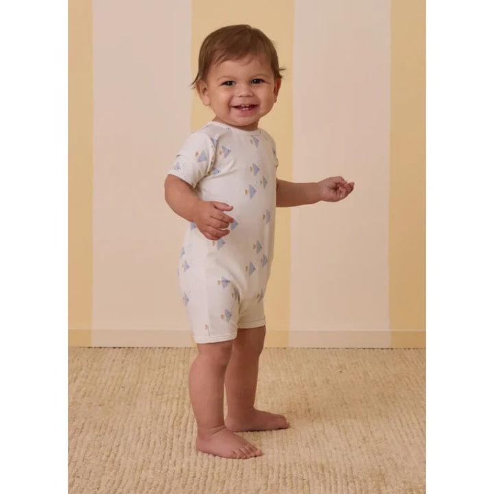 Maillot de bain barboteuse ivoire motif poisson-anges bleu Rylee + Cru Mlle et Coco